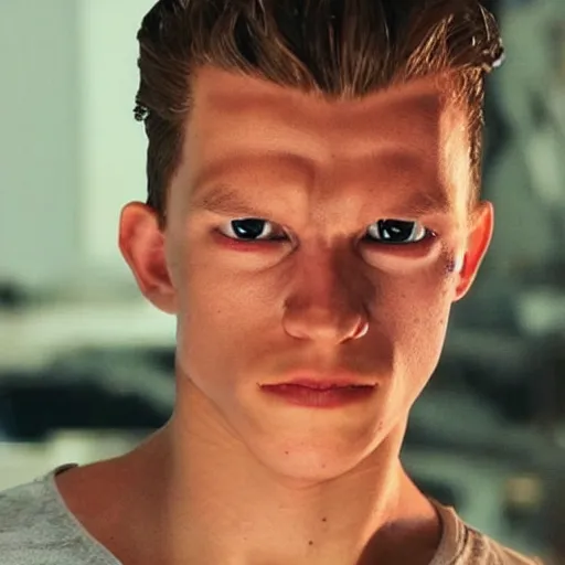 Image similar to “a realistic detailed photo of a guy who is the terminator robot, a cyborg consisting of living tissue over a robotic endoskeleton, who is a male android, Tom Holland, posing like a statue, blank stare”