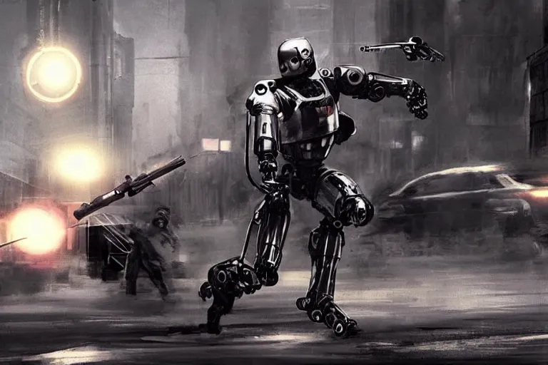Prompt: modern day reimagining of an evil robocop terrorizing the public. concept art. realistic. cinematic.