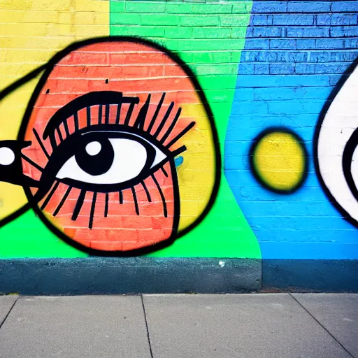 Image similar to wall with graffiti of man with one eye made with colored circles and lines