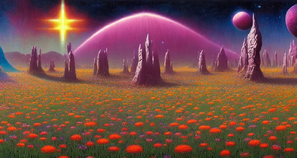 Image similar to a beautiful cinematic view of a large up close 3 d mystical alien shrine in a field of multicolored flowers, underneath a star filled night sky, harold newton, zdzislaw beksinski, donato giancola, warm coloured, gigantic pillars and flowers, maschinen krieger, beeple, star trek, star wars, ilm, atmospheric perspective