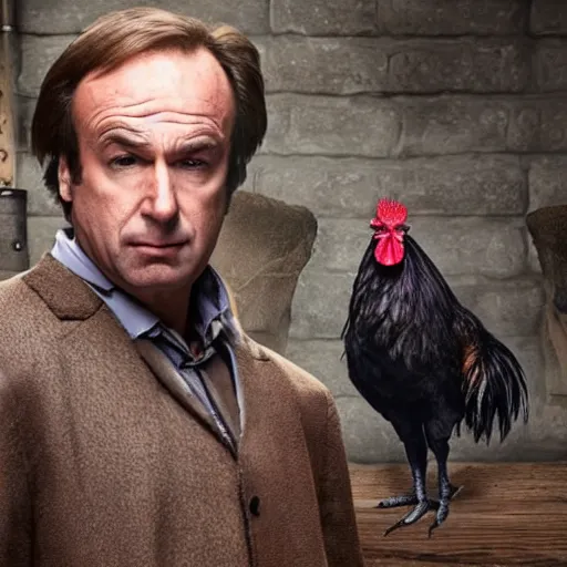 Image similar to saul goodman and a rooster in a medieval torture chamber, saw blades and knives in the background, horror movie, saul goodman!!!!, rooster!!!!, real life photo, detailed face!