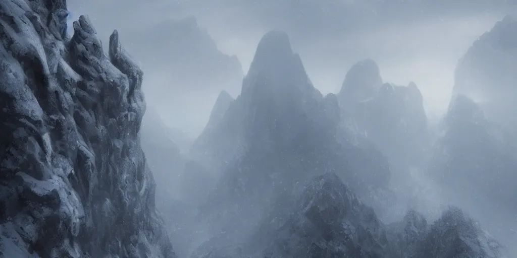 Prompt: Looking off of a rocky snowy cliff over backlit low lying clouds in a snowy valley with craggy giant rocks hidden in mist, artstation, matte painting