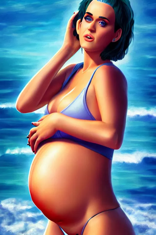 Image similar to pregnant katy perry at the beach, realistic portrait, symmetrical, highly detailed, digital painting, artstation, concept art, smooth, sharp focus, illustration, cinematic lighting, 8 k movie screenshot hdr