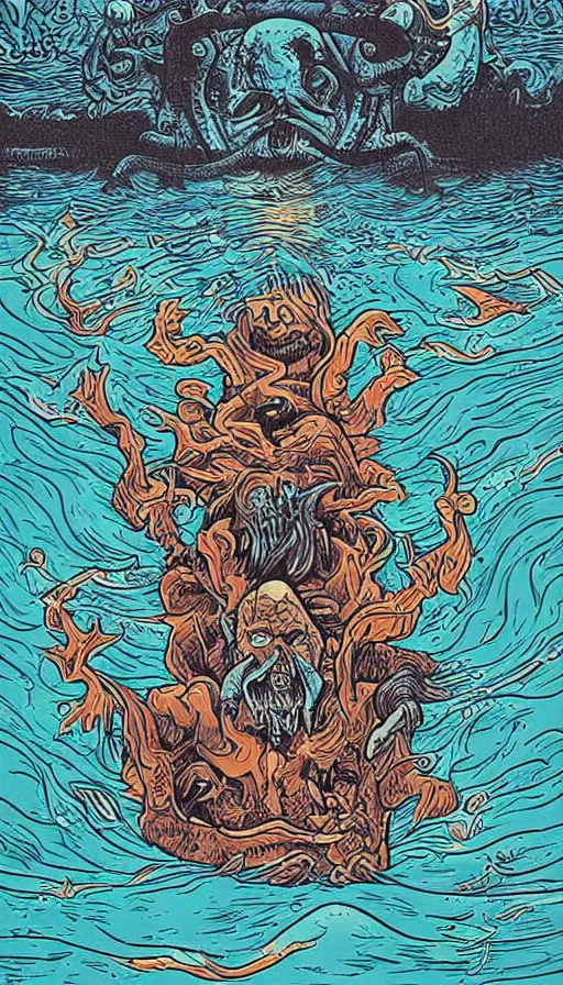 Prompt: man on boat crossing a body of water in hell with creatures in the water, sea of souls, by dan mumford