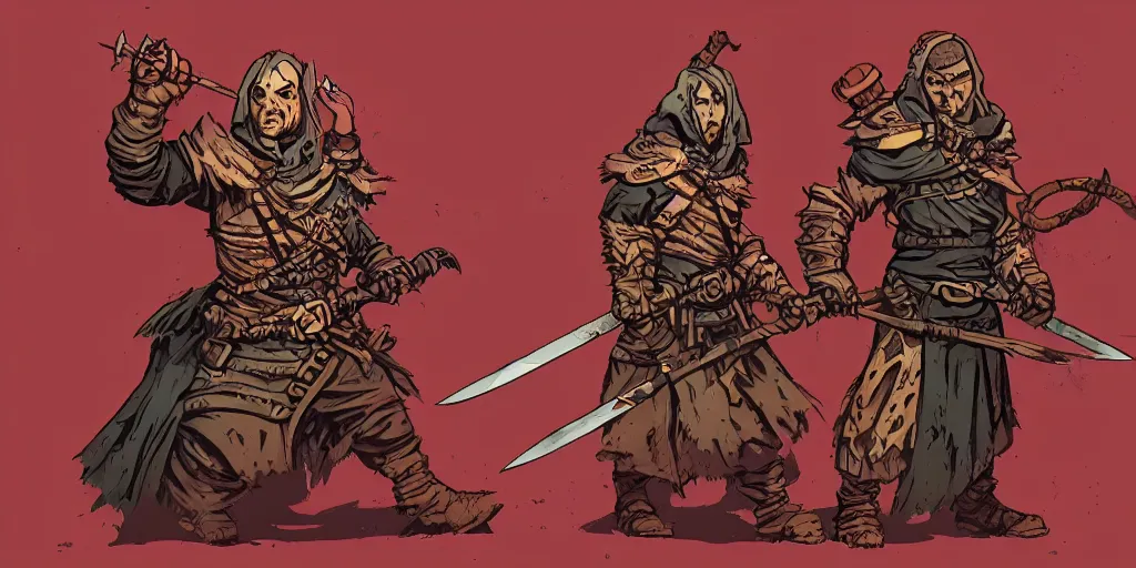 Image similar to warrior character design, idle, colored, sword, sprite, darkest dungeon, pc game, sideview, art by moebius and greg rutkowski.
