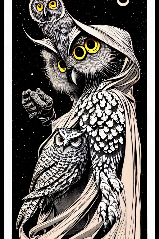 Prompt: side view of a majestic wizard holding a highly detailed owl on glove, high details, bold line art, by vincent di fate and joe fenton, inking, etching, screen print, masterpiece, trending on artstation, sharp, high contrast, hyper - detailed,, hd, 4 k, 8 k