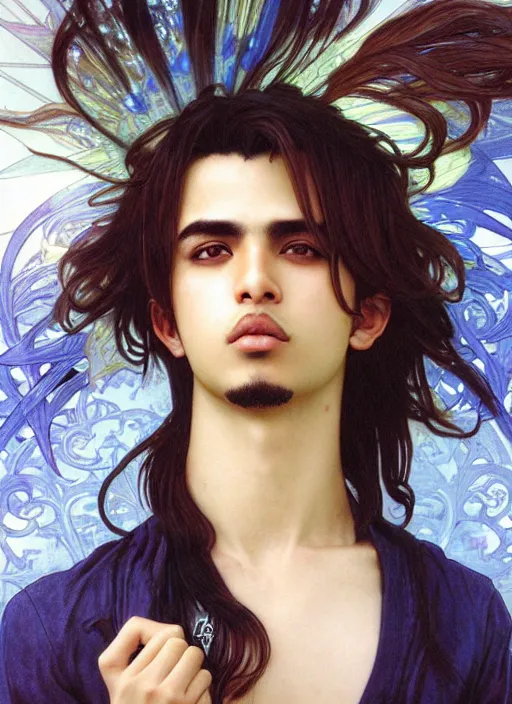 Prompt: realistic detailed final fantasy inspired portrait of a young arabic man turned three - quarters with very long hair, short shaved hair, dressed with a simple white t - shirt, white background white bank studio light, art by yoshitaka amano, alphonse mucha, ayami kojima, greg hildebrandt, and mark brooks, high qualit 8 k