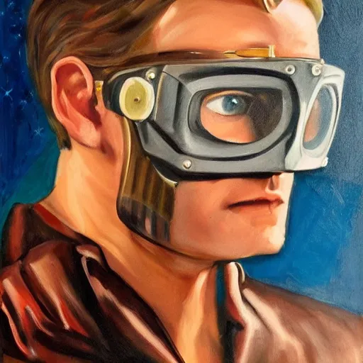 Image similar to square - jawed emotionless serious blonde woman starship engineer, tribal tattoos, handsome, short slicked - back hair, sweating, uncomfortable and anxious, looking distracted and awkward, wearing victorian dark goggles, flight suit and gloves, highly detailed, oil painting