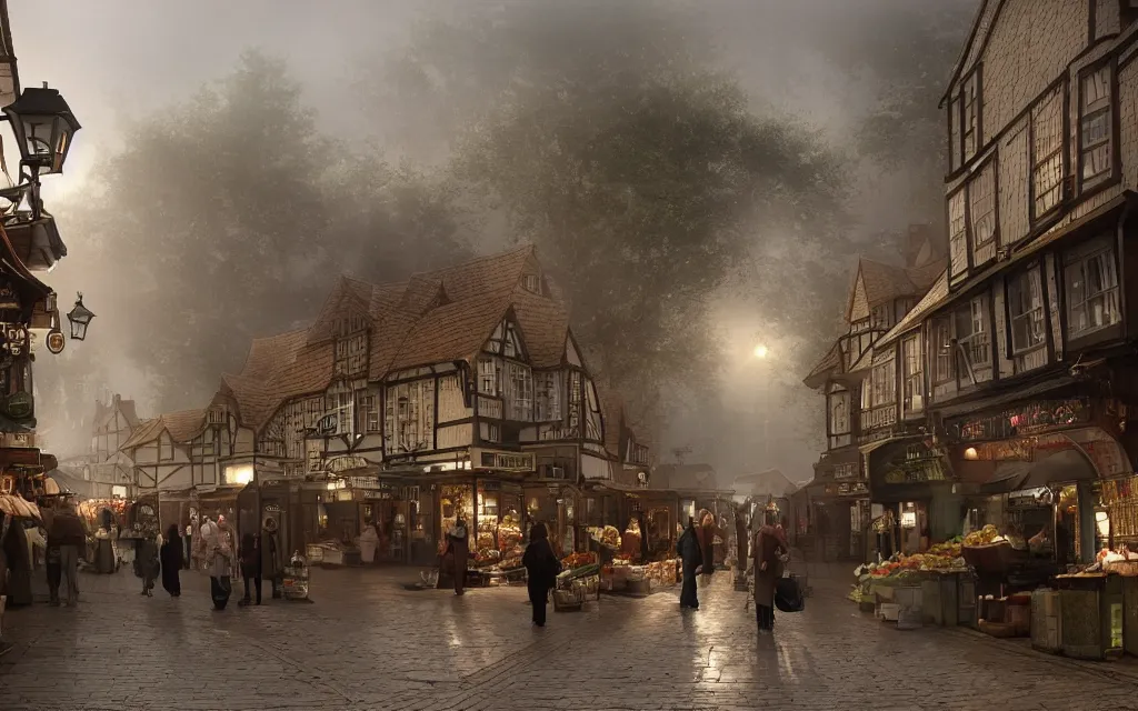 Image similar to at the market of a medeveil english town with mist, highly detailed, cinematic lighting, render, fantasy