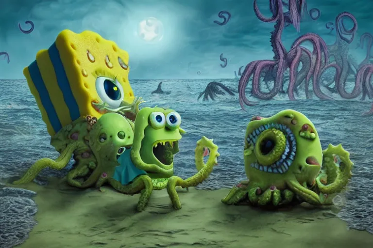 Image similar to Spongebob Cthulhu nightmare, photorealistic, lunar horizon
