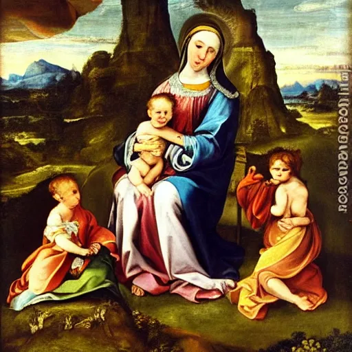 Prompt: very detailed oil painting of The Virgin Mary with God Child, landscape background, very detailed faces, by Carracci