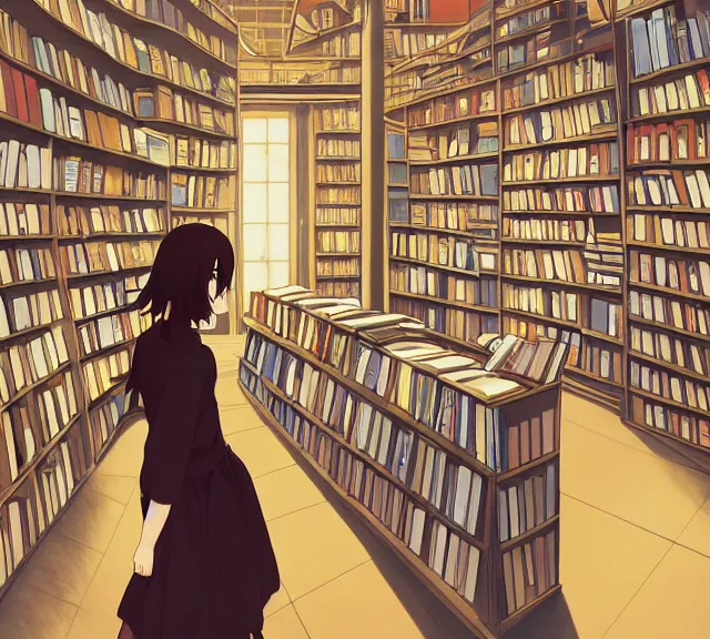 Image similar to anime visual, full body portrait of a young female traveler in a book shop interior, beautiful face by yoh yoshinari, katsura masakazu, dramatic lighting, dynamic pose, dynamic perspective, strong silhouette, anime cels, ilya kuvshinov, cel shaded, outlined edges, rounded eyes, moody, detailed character