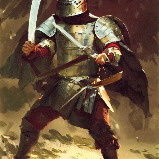 Image similar to man wearing gambeson and bascinet helmet, swinging sword, fighting, detailed by greg manchess, craig mullins, bernie fuchs, walter everett