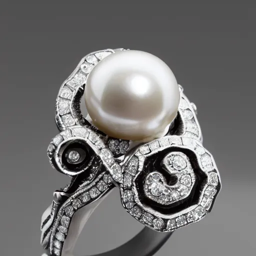 Image similar to hd photo of a octopus ring with diamond and pearls by chanel, art nouveau, denoise, deblur