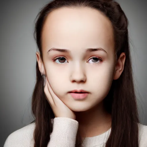 Image similar to photograph of girl with big forehead with square face and small bird beak lips and small round nose and dark black, high detail 8k,