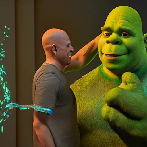 Prompt: Vin Diesel Shakes hands with Shrek , tentacles, unnatural shapes, jellyfish, insect, octane render, 3d digital art by beeple, unreal engine 5, award winning