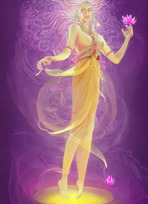 Image similar to 'lotus goddes, full body, purple, pink, yellow, concept character, water drops, lotus flower, beautiful, stunning, pink mist, radiating power, energy, god rays, luminescence, fractal, style of james jean, akira, satoshi con'