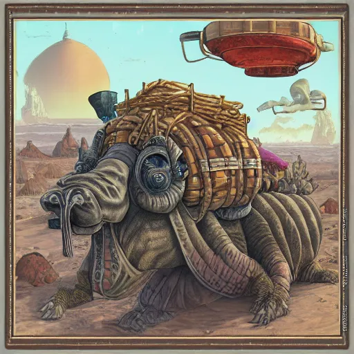 Image similar to several stoner merchants in robes with integrated bong gas mask appliances, trucking bales of herbs across an alien desert with camel-like creatures in tow. Album art by Arik Roper