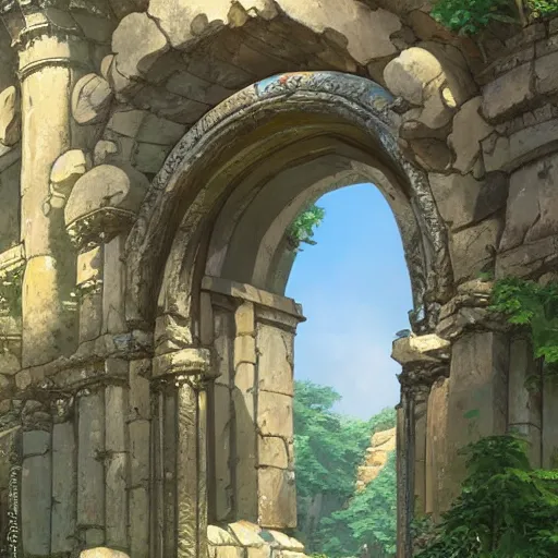 Image similar to concept art painting of an ornate ancient stone archway, in the woods, realistic, detailed, cel shaded, in the style of makoto shinkai and greg rutkowski and james gurney