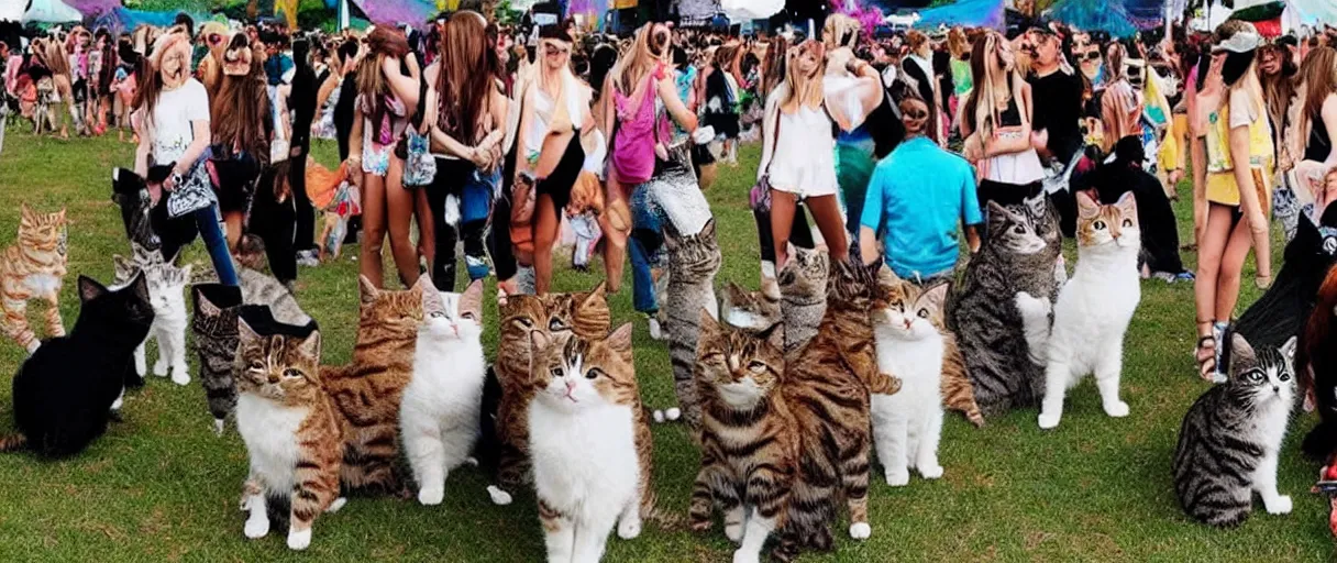 Prompt: music festival full of cats with trendy clothing. no humans, no people, no men.