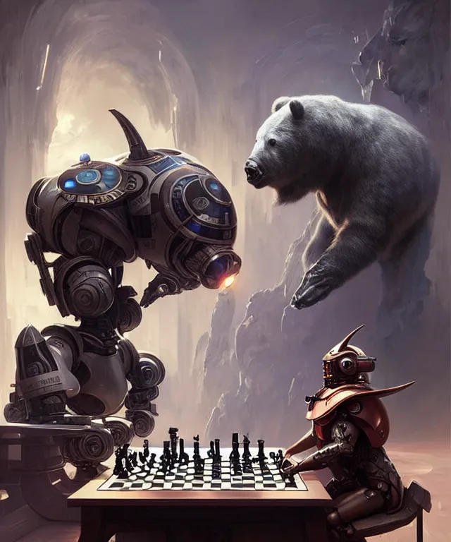 Prompt: futuristic cyborg bull playing chess against a droid bear, sci-fi scene, fantasy, intricate, elegant, highly detailed, digital painting, artstation, concept art, smooth, sharp focus, illustration, art by artgerm and greg rutkowski and alphonse mucha