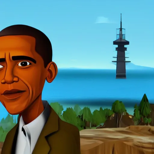 Image similar to screenshot of obama in jack and dexter 2, good graphic, highly detailed, rtx engine, nvidia geforce