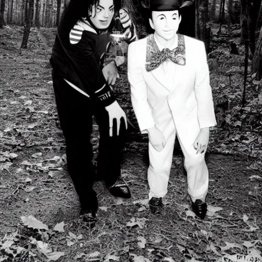 Image similar to trail cam footage of michael jackson and peewee herman,