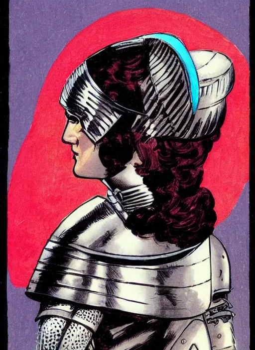 Image similar to head and shoulders portrait of a female knight. well composed, clean elegant painting, beautiful detailed face. comic book art by steve ditko and jack kirby