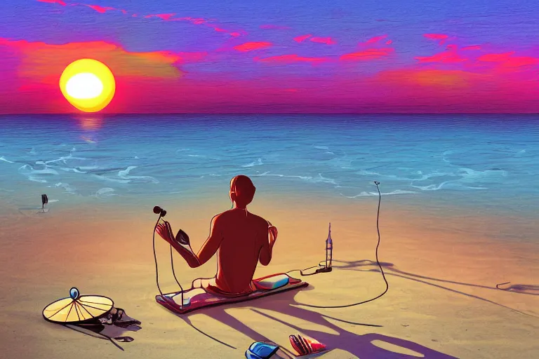 Image similar to a diskjockey making music in a beautiful beach, sunset, digital illustration