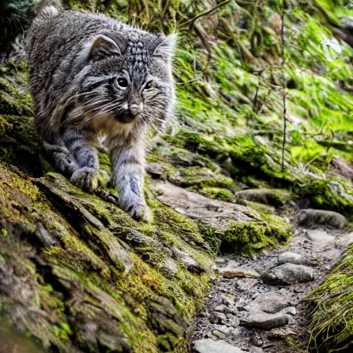 Prompt: pallas cat walking through a hiking trail path, forest, cascading waterfall, vibrant colors, sunshine, golden hour, 4 k, film photography