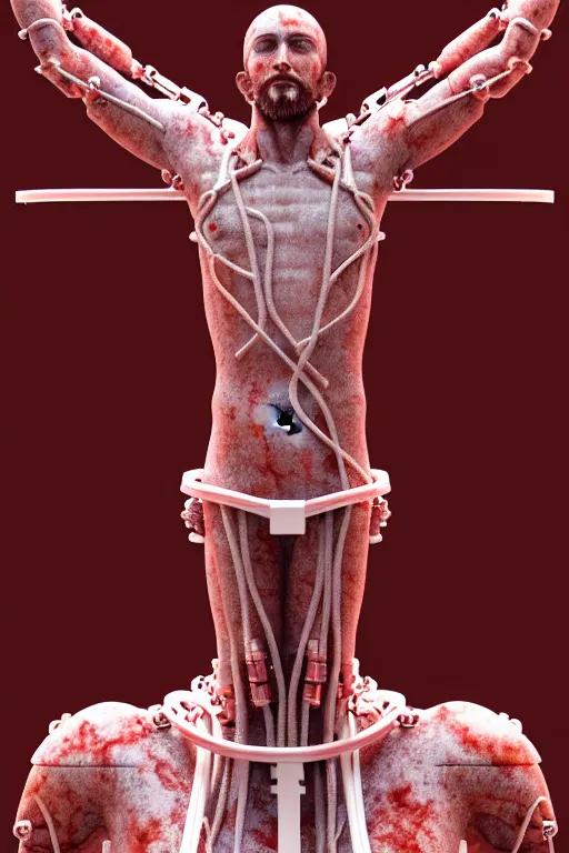 Image similar to a statue jesus on cross made of red marble with wires, tubes, veins, perfect symmetrical body, full body shot, inflateble shapes, white biomechanicaldetails, wearing epic bionic cyborg implants, masterpiece, intricate, biopunk, vogue, highly detailed, artstation, concept art, cyberpunk, octane render