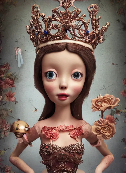 Image similar to closeup face profile portrait of a tin toy fairytale princess wearing a crown eating cakes, bikini, depth of field, zeiss lens, detailed, symmetrical, centered, fashion photoshoot, by nicoletta ceccoli, mark ryden, lostfish, breathtaking, 8 k resolution, extremely detailed, beautiful, establishing shot, artistic, hyperrealistic, octane render