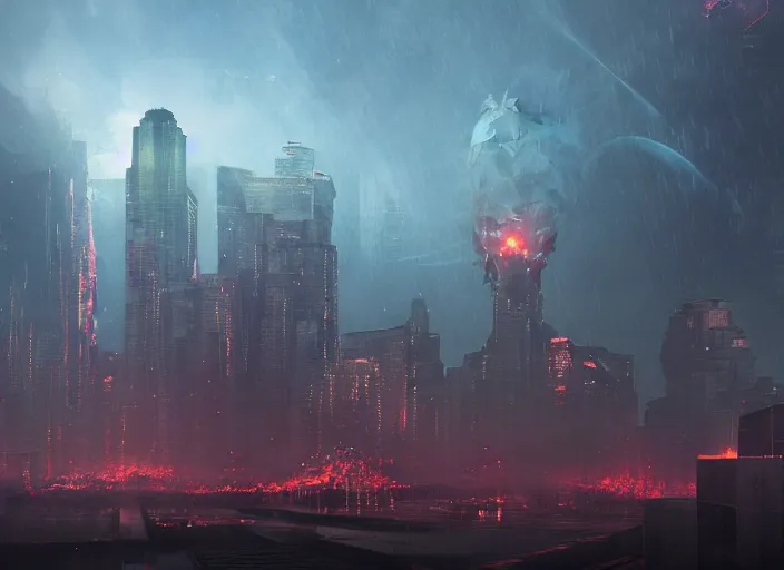 Image similar to seattle being attacked by a giant herculean demon, by beeple and maciej kuciara and greg rutkowski