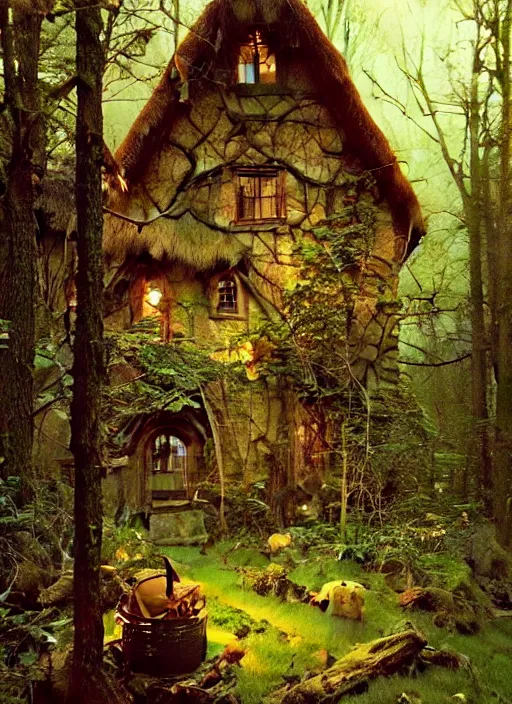 Image similar to hyper realistic homely witch cottage rococo in the woods gorgeous lighting, highly detailed, lush forest painting by norman rockwell, james gurney zdzisław beksinski and norman rockwell and greg rutkowskiweta studio
