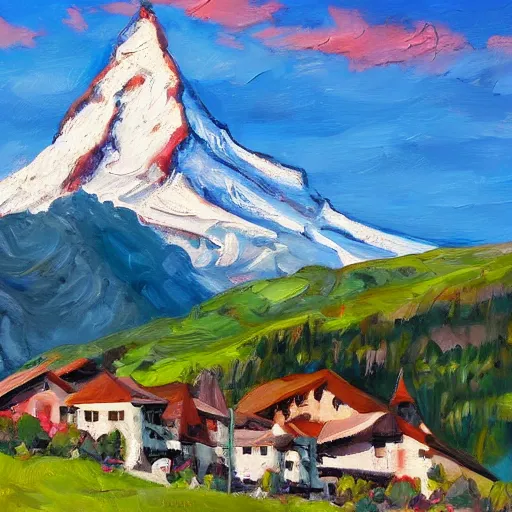 Prompt: the matterhorn in summer with quaint swiss village in foreground, oil painting in abstract style