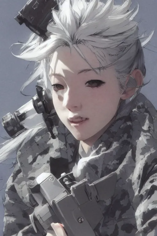 Prompt: girl, silver hair ((ponytail)), ((winking)), multicam (camo), trending on artstation, detailed, cinematic full body shot, ilustration by Takehiko Inoue (((and Yoann Lossel))) (((and Yoji Shinkawa)))