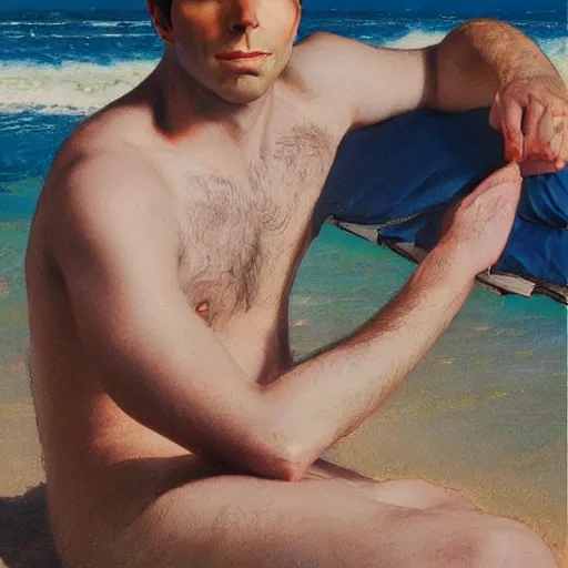 Image similar to portrait of ZACHARY QUINTO SPOCK posing for fashion magazine, beach, sun shining, (SFW) safe for work, photo realistic illustration by greg rutkowski, thomas kindkade, alphonse mucha, loish, norman rockwell