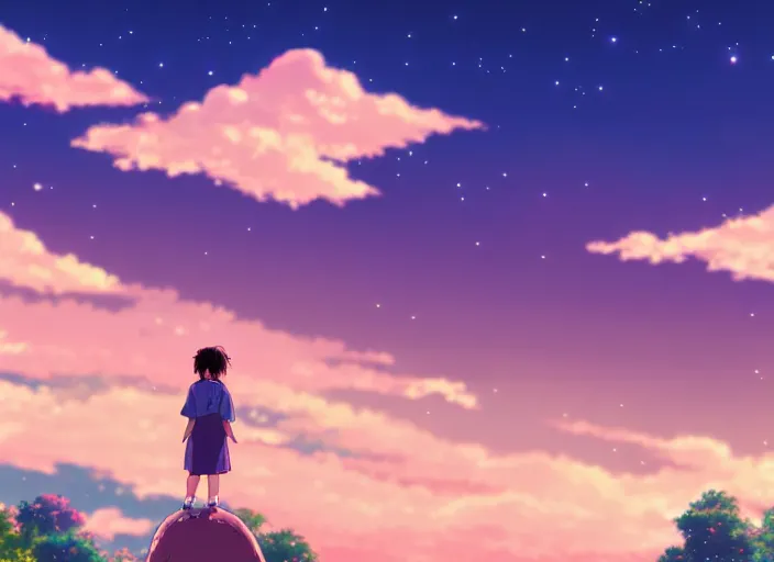 Prompt: pink and blue sky, japanese anime, studio ghibli style, Your Name movie style, main character standing looking at sky, wallpaper, 4k, 8k, digital art