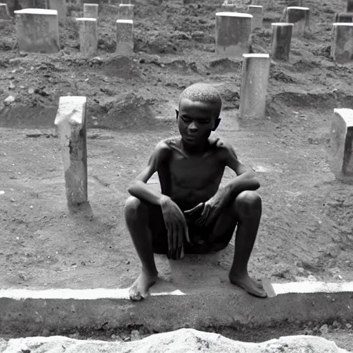 Image similar to a nigerian boy sitting next to a grave, the grave has an engraved text that says rip anglettere super detailed, accurate text, sunflare.