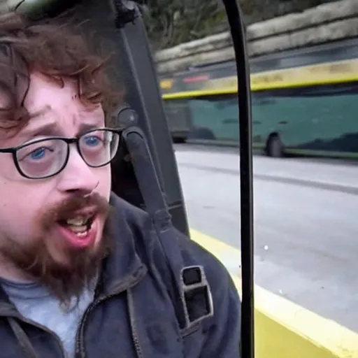 Prompt: sam hyde firing a rpg into a city bus, 4 k, realistic, serious, gritty, sam hyde