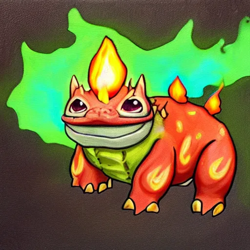 Image similar to a bulbasaur with fire powers, painting, realistic,lava background