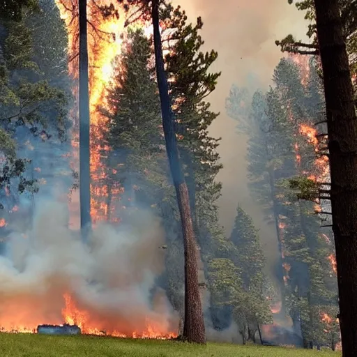 Image similar to a beautiful photo of a small hotel engulfed in a forest fire