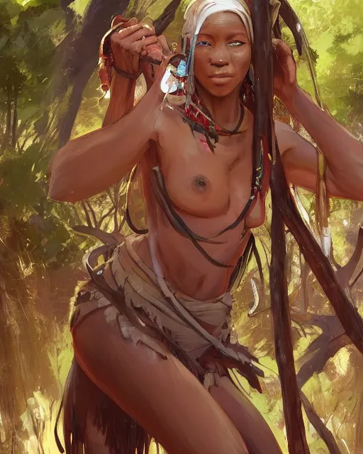 Image similar to an African tribeswoman standing in the woods. By Makoto Shinkai, Stanley Artgerm Lau, WLOP, Rossdraws, James Jean, Andrei Riabovitchev, Marc Simonetti, krenz cushart, Sakimichan, D&D trending on ArtStation, digital art.