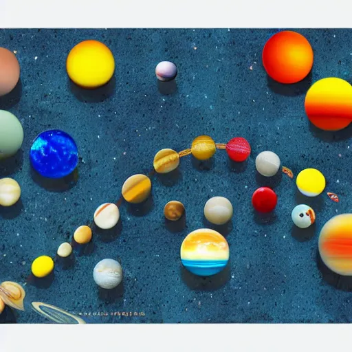 Image similar to solar system as a group of marbles over the carpet of the universe, a joyful marble game, childhood, dream, colorful