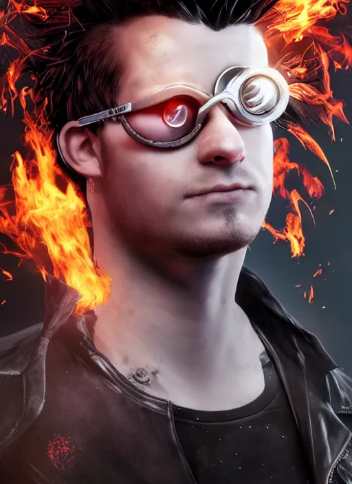 Image similar to An epic fantasy comic book style portrait painting of young man with long red spiked hair. Wearing a black waistcoat, white shirt, using googles. Rockstar. Blasting fire on his hands. Unreal 5, DAZ, hyperrealistic, octane render, cosplay, RPG portrait, dynamic lighting