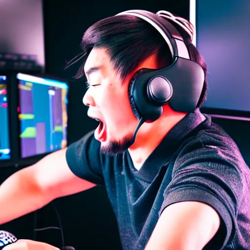 Image similar to Photo of Genghis Khan as a Twitch streamer, wearing a headset, playing video games, close-up, raging, screaming at screen high detail, studio, 85mm Sigma Art Lens