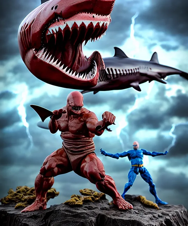 Prompt: hyperrealistic rendering, epic boss battle, epic shark king overlord, by art of skinner and richard corben, product photography, collectible action figure, sofubi, hottoys, storm clouds, outside, lightning