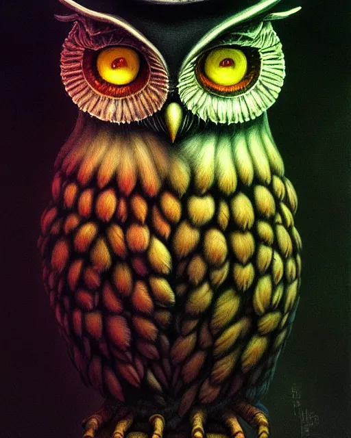 Image similar to an extremely detailed masterpiece painting of a fammulated owl looking down, in the style of brian froud, brian despain, brian bolland, digital art, unreal engine, volumetric lighting, dark moody lighting, trending on artstation, photorealistic, epic scene