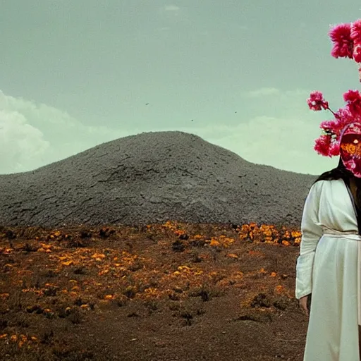 Image similar to The full body shot of beautiful pale woman on fire, with many flowers and full-face silver mask with, a thick black smoke in rocky desert landscape, landscape background, many reflection eyes, falling star on the background, dry earth by Christopher Doyle, Gaspar Noe, Tarkovsky, Alejandro Jodorowsky, anamorphic lens, cinematic composition, award winning photo, 8k