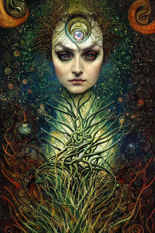 Image similar to The Heart of Thorns by Karol Bak, Jean Deville, Gustav Klimt, and Vincent Van Gogh, otherworldly, fractal structures, arcane, prophecy, ornate gilded medieval icon, third eye, spirals